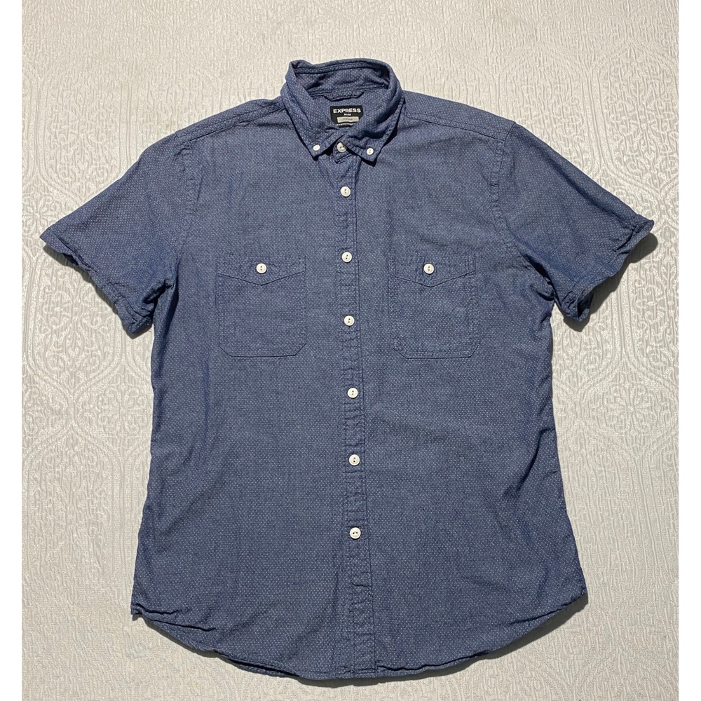 Express Mens Fitted Blue Micro Dot Short Sleeve Button Down Shirt Size M 508789